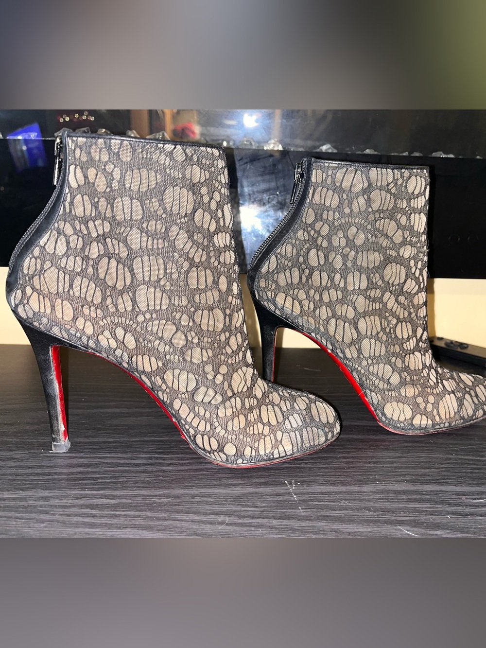 Christian Louboutin Beige Lace-Overlay Ankle Booties with Red Sole